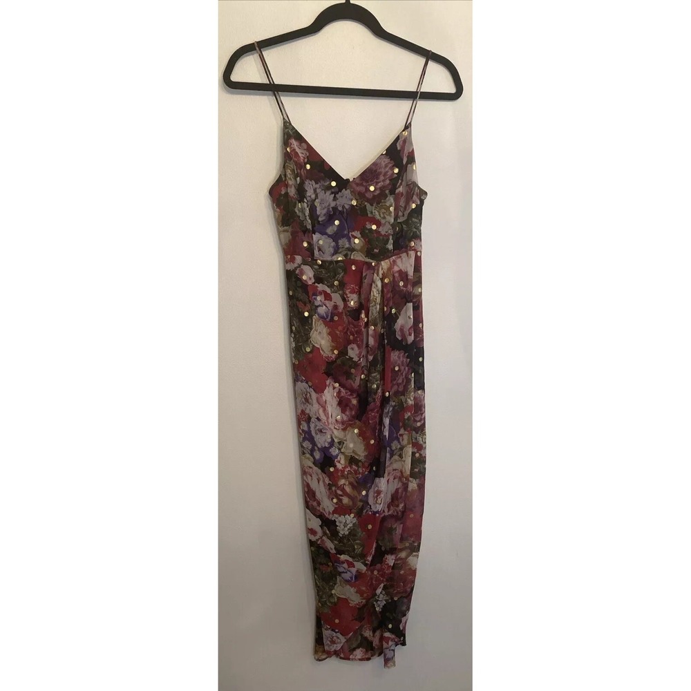 Express Long Black Floral Dress Gold Dots Spaghetti Straps XS